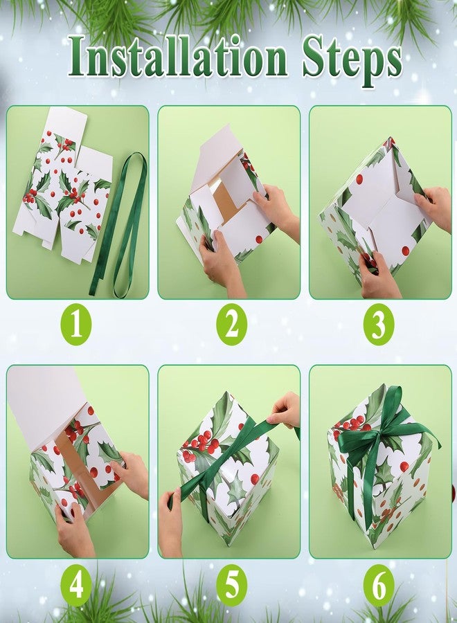 MotiMind 5 Pack Holly Berry Christmas Gift Boxes with Lids 7x7x7 Square Gift Box with Ribbons for Wrapping Christmas Presents Wedding Bridesmaid Holiday Party Favor Boxes - Image 4